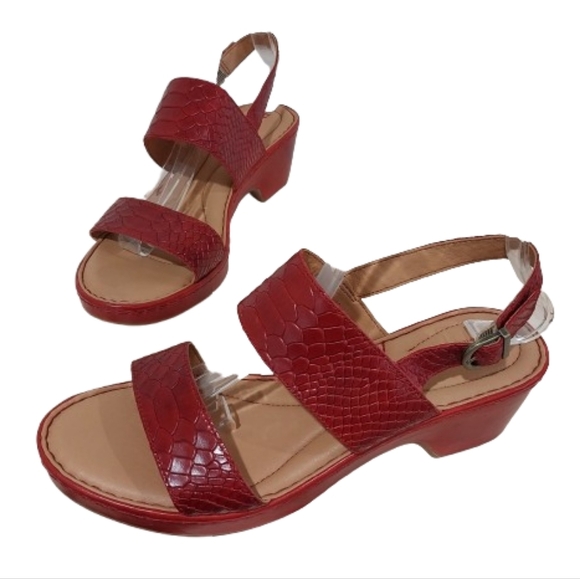 Born Block Heel Sandals Women's Size 9.5 Atzel Red Snake Embossed Double Strap - Picture 1 of 15